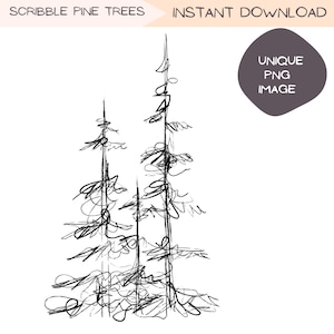 Forest Clip Art, Squiggle geschetst Pine Tree PNG, minimalistische bosinkttekening, met de hand getekende eenvoudige zwart-witte lijntekeningen