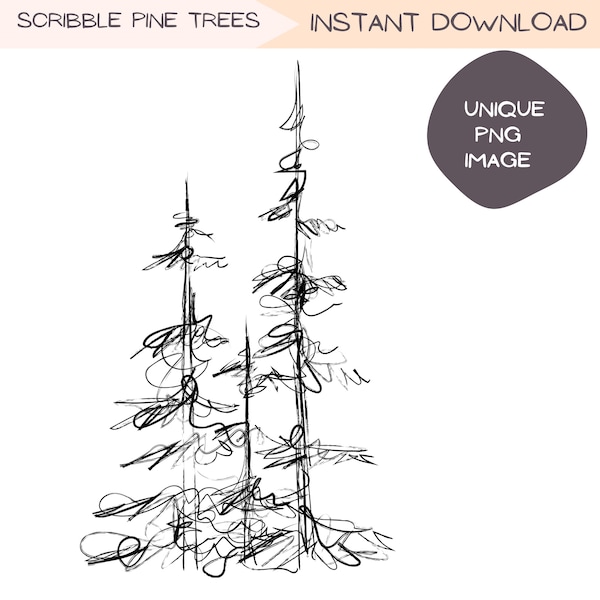 Forest Clip Art, Squiggle Sketched Pine Tree PNG, Minimalist Woodland Ink Drawing, Hand Drawn Simple Black and White Line Art