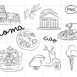 Pacchetto clipart Roma, disegni clipart di viaggio in Italia, linea arte minimalista, semplice illustrazione disegnata a mano, disegni in bianco e nero, PNG