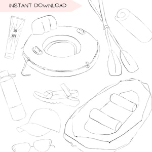 Puede incluir: Ilustración en blanco y negro de elementos esenciales de verano, que incluyen una boya, protector solar, una botella de agua, sandalias, una gorra, gafas de sol, remos, una toalla enrollada y una balsa. El texto "INSTANT DOWNLOAD" está en la parte superior.