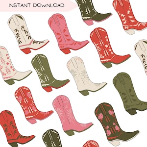 Clipart de botte de cow-girl Noël rétro, cow-girl couleurs rouge vert bottes de cow-boy Clip Art, illustration mignonne du sud-ouest de l'ouest graphiques PNG