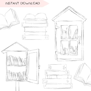 Uitleenbibliotheek clipartbundel, gratis bibliotheekclipartontwerpen, leesgrage minimalistische lijntekeningen eenvoudige handgetekende illustratieontwerpen, png