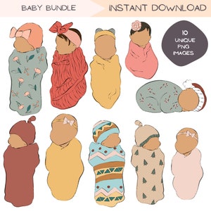Lot de cliparts nouveau-né, bébé, peau légèrement mate, clipart PNG, Illustration de Portrait sans visage fille et garçon, dessins dessinés à la main