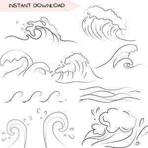 Fale Clip Art, Prosty Ocean PNG, Minimalistyczny Rysunek Tuszem Plażowym, Ręcznie Rysowana Prosta Czarno-Biała Linia Sztuki, Cyfrowe Pobieranie PNG