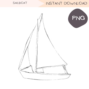 Imágenes prediseñadas de velero náutico costero, arte lineal de pueblo de playa, imágenes prediseñadas de barco de naturaleza simple, ilustración de boceto dibujado a mano, PNG transparente en negro
