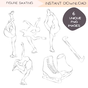 May include: Six black and white line drawings of figure skaters in various poses. The images are ideal for digital scrapbooking, planners, and other creative projects.