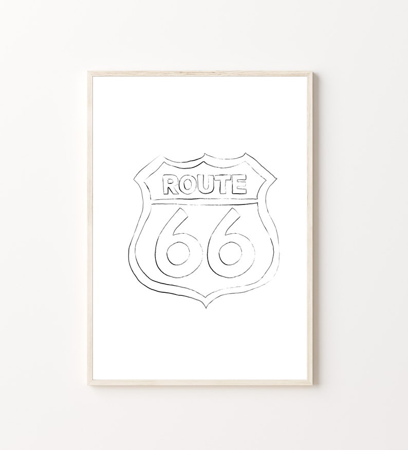 Route 66 Sign Clip Art, Western Road-trip Hand Drawn Line Art Illustration, Black and White ...