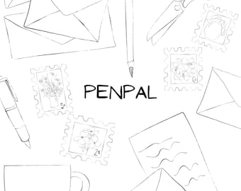 Paquete de imágenes prediseñadas de amigos por correspondencia, letras y sellos dibujados a mano, imágenes PNG, descarga digital de arte lineal para manualidades, álbumes de recortes y más.