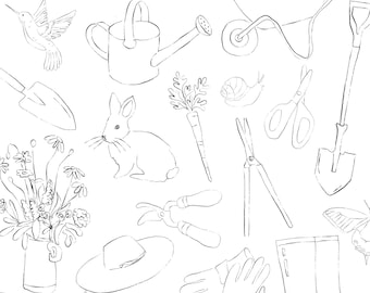 Gardening Clipart Bundle, Garden Tools PNG, Gardener Clip Art, Cottage Garden Doodles, Hand Drawn Plant & Flower Illustrations