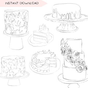 May include: A set of five black and white line drawings of different cakes. The cakes are decorated with flowers, frosting, and a drip of icing. The drawings are simple and elegant, and would be perfect for use in a bakery or cake shop.