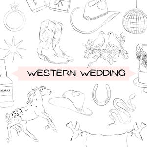 Puede incluir: Ilustración en blanco y negro con temática de boda occidental. Incluye sombrero de vaquero, botas, anillo, caballo, palomas, herradura, serpiente y pastel. El texto "WESTERN WEDDING" está en una pancarta rosa.