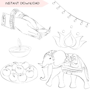Diwali Clipart PNG Bundle, Festival of Lights Line Art, Diya Lotus Elephant, Indian Celebration Hand Drawn Graphics