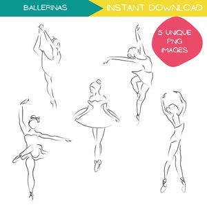 Ballerina Clipart Bundle, Ballet Clip Art Designs, Danseurs Minimalist Line Art, Illustration simple dessinée à la main, Dessins en noir et blanc, PNG