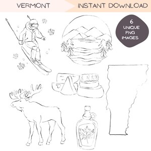 Vermont Clipart Bundle, New England Clip Art Designs, minimalistische Linie Kunst, einfache handgezeichnete Illustration, transparenter Hintergrund PNG