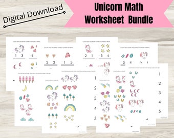 printable unicorn math worksheet bundle counting worksheets etsy