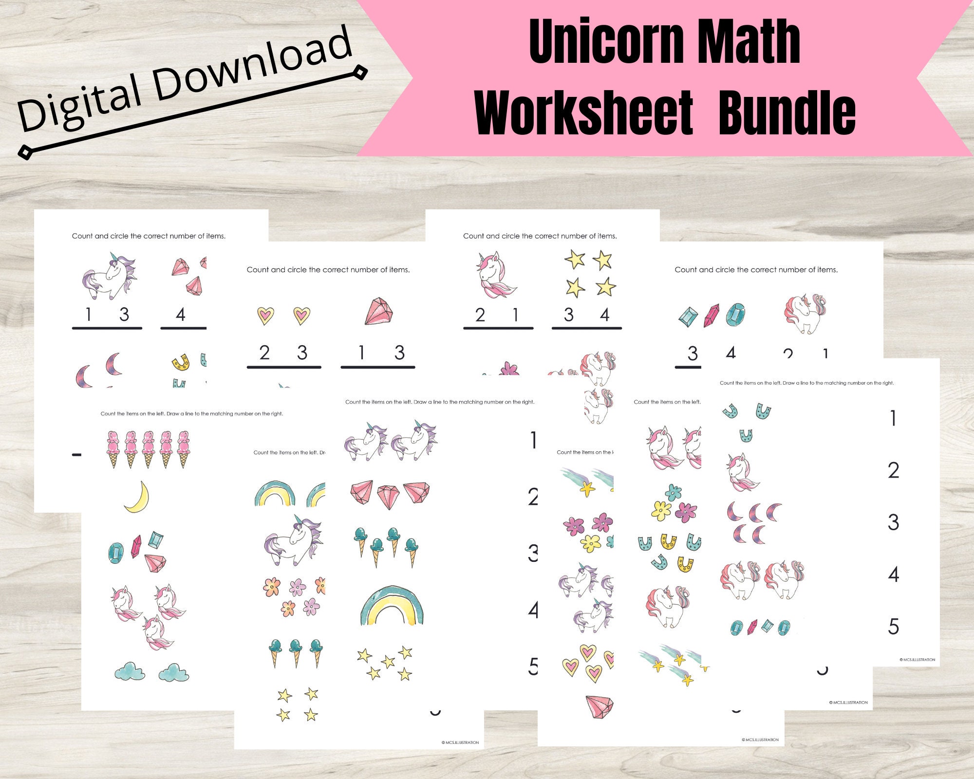 Printable Unicorn Math Worksheet Bundle Counting Worksheets | Etsy