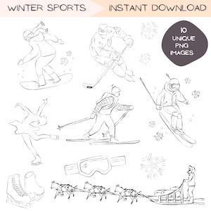 Bundle de cliparts sports d'hiver, ski snowboard clipart, dessins au trait minimaliste patinage sur glace, fond Transparent PNG