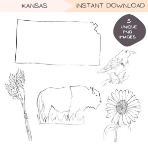 Kansas Clip Art, eenvoudige clipart hand getrokken illustratiebundel, Midwest Travel State symbolen, transparante PNG digitale download