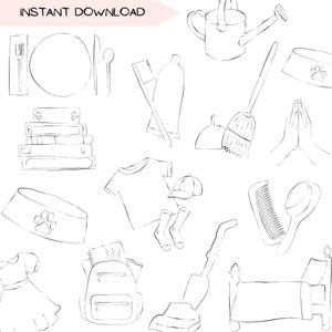 Chore Chart Bilder Clip Art Bundle, DIY Kid Chore Arbeitsplätze transparente PNG-Datei, Hand gezeichnete Designs, digitaler Download, Zähneputzen machen Bett