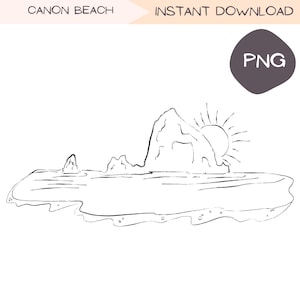 Canon Beach Oregon Clip Art, PNW Ink Line Art, Ręcznie rysowana ilustracja oceanu, Nowoczesna minimalistyczna sztuka nadbrzeżna, PNG Digital Design