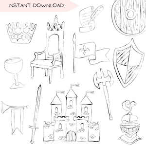 Middeleeuws kasteel illustraties, middeleeuwse wapens ridder, kasteel doodle set, pictogrammen clipart plakboek, koning middeleeuwse getekende minimalistische lijntekeningen