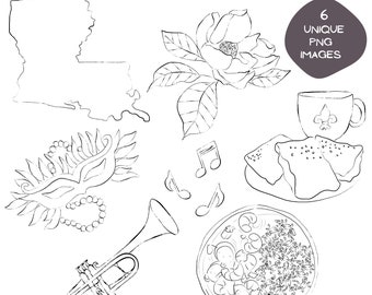 Paquete de imágenes prediseñadas de Luisiana, diseños dibujados a mano de Nueva Orleans, arte gastronómico imprimible de Nueva Orleans, arte lineal de cafetería, boceto de beignet, garabatos de Mardi Gras