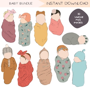 Pacchetto ClipArt per neonato, pacchetto PNG con tonalità della pelle chiara infantile, illustrazione ritratto senza volto di ragazza e ragazzo, disegni disegnati a mano