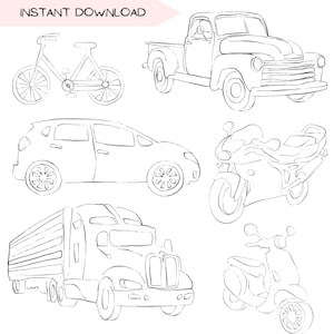 Pacchetto clipart di veicoli, disegni di clipart di viaggio di veicoli motociclistici, arte minimalista di linea di biciclette, auto semplice disegnata a mano camion PNG trasparente