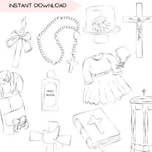 Raccolta di clipart per il battesimo, fonte battesimale cattolica per neonati, file PNG trasparenti, disegni disegnati a mano, download digitale, regalo fai da te