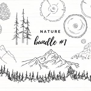 Forest Clip Art Bundle, Handgetekende Natuur PNG, Minimalistische Illustratie Woodland Inktschets, Zwart-wit Pine Tree Clipart Line Art