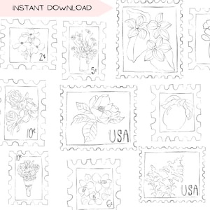 Könnte beinhalten: Schwarz-Weiß-Strichzeichnungen von Vintage-Briefmarken mit floralen Designs. Die Briefmarken zeigen Bilder von Blumen, Blumensträußen und einer Magnolie mit dem Text "USA". Die Worte "SOFORT-DOWNLOAD" sind ebenfalls sichtbar.
