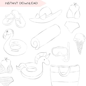 Paquete de imágenes prediseñadas de día de piscina, diseños de imágenes prediseñadas de viajes a la playa, arte lineal minimalista, ilustración simple dibujada a mano, fondo PNG transparente