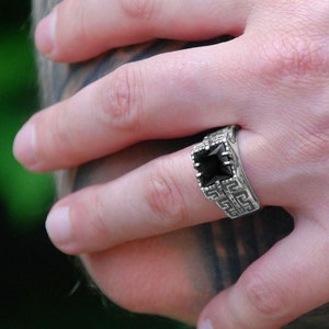 Unique Silver Gemstone Signet Band Ring for Men / Mens Modern Design Handmade Silver Ring For Him / Rocker Sterling Silver Men&#39;s Ring