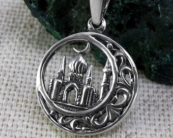 Silver Crescent Moon Muslim Mosque Pendant Islamic Jewelry Necklace / Islam Muslim Jewelry for Women and Men