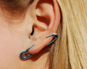 Safety Pin Silver Cuff Earrings Minimalist Ear Climber / Mismatched Ear Crawler Cuffs