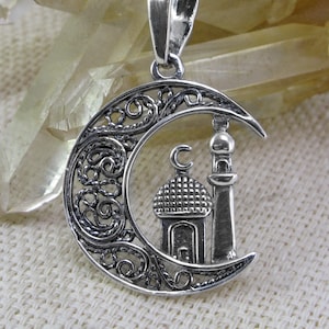 Silver Mosque in Crescent Moon Muslim Pendant Islamic Necklace / Islamic Jewelry Pendant for Women and Men