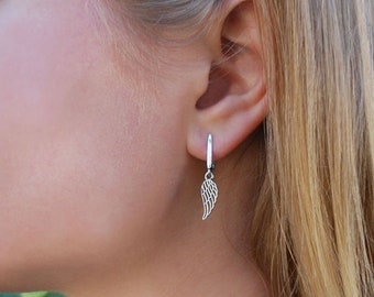 Silver Angel Wings Jewelry Boho Earrings / Small Cute Feather Wing Dainty Dangle Earrings