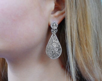 Silver Filigree Drop Jewelry Earrings / Dangle Ethnic Boho Long Handmade Earrings