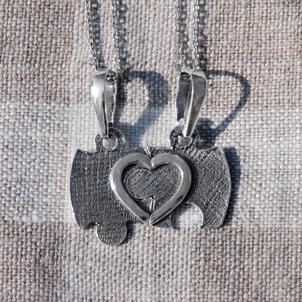 Silver Puzzle Lovers Couple Pendant Necklace Jewellery Heart / Best Friend Friendship Puzzle Piece Set BFF Necklace