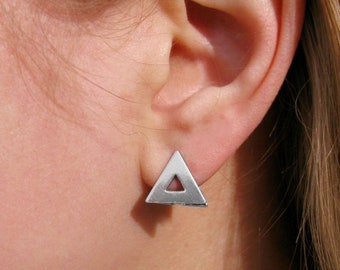 Silver Huggie Hoop Triangle Small Minimalist Earrings / Everyday Huggie Hoops Geometric Triangle Earrings