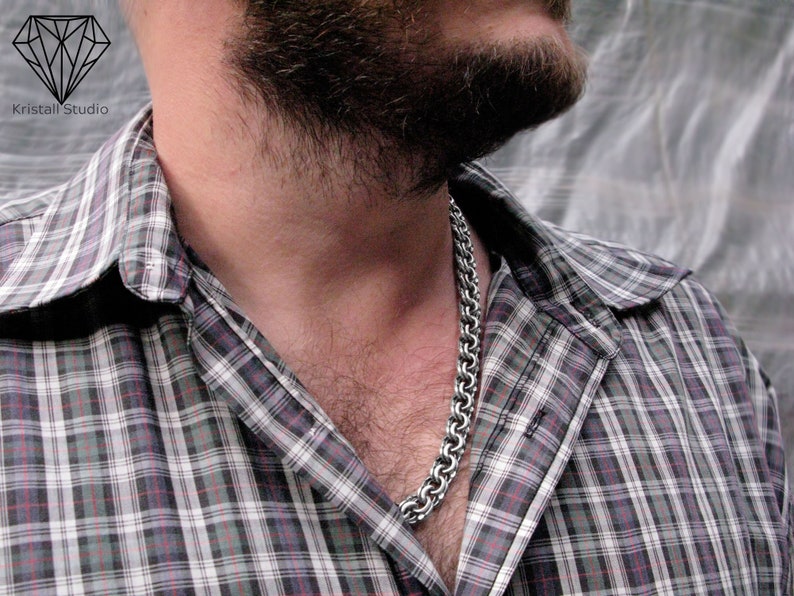 Men's Thick Heavy Sterling Silver Chain Necklace for Him/ Garibaldi or Bismarck Massive Necklace / Biker Chino Weaving Men's Silver Chain image 9