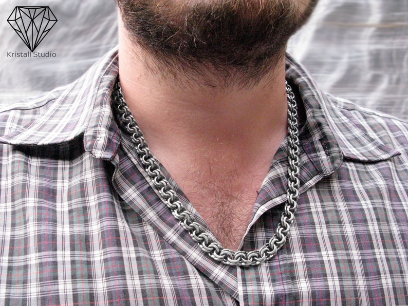 Men's Thick Heavy Sterling Silver Chain Necklace for Him/ Garibaldi or Bismarck Massive Necklace / Biker Chino Weaving Men's Silver Chain image 10