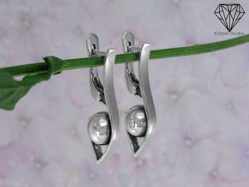 Silver Minimalist Ball Statement Teardrop Earrings / Jewelry Geometric Boho Drop Handmade Dainty Earrings image 2