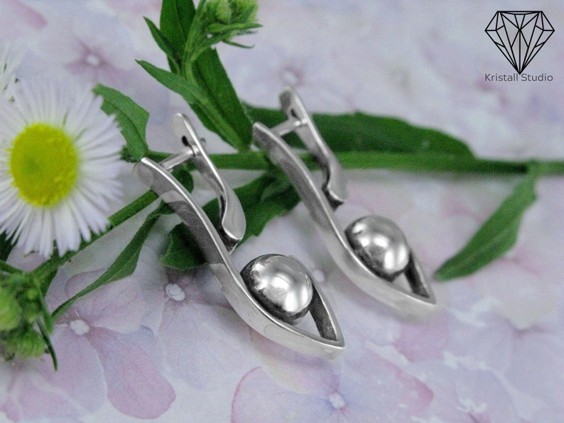 Silver Minimalist Ball Statement Teardrop Earrings / Jewelry Geometric Boho Drop Handmade Dainty Earrings image 4
