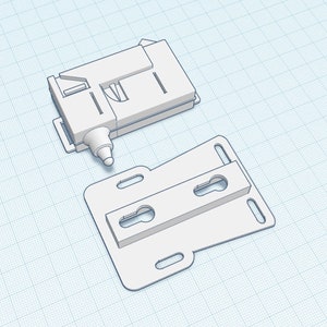 May include: A 3D-rendered, white plastic object, possibly a component or part of a larger device, with a rectangular body and a protruding nozzle. A separate, flat, white piece with keyhole-shaped openings is also present.