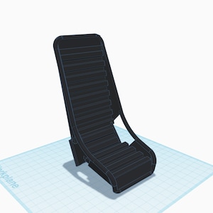 May include: A black racing seat with a slatted back and seat. The seat is designed for a car or other vehicle.