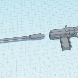 May include: A disassembled gray metal machine gun with a long barrel and a box magazine. The gun is on a blue grid background.