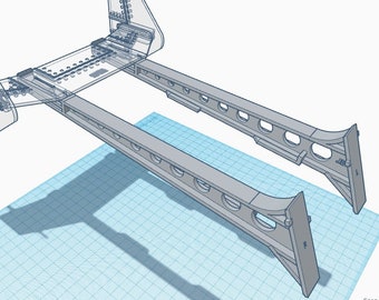 May include: A 3D model of a metal frame with two long, gray, rectangular beams. The beams have multiple holes and are connected by a smaller, rectangular platform. The platform has a series of small holes and is attached to two clear, plastic wings.
