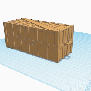 May include: A wooden crate with a hinged lid and a handle on the side. The crate is closed and has a diagonal brace across the top.
