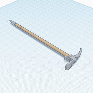 May include: A wooden-handled pickaxe with a metal head. The pickaxe is a tool used for digging and breaking up hard ground.